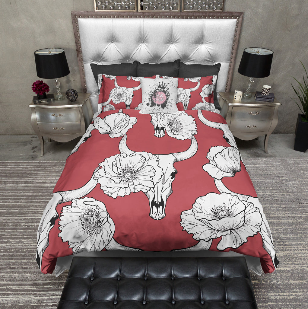 White Bull Skull and Poppies on Red Bedding Collection