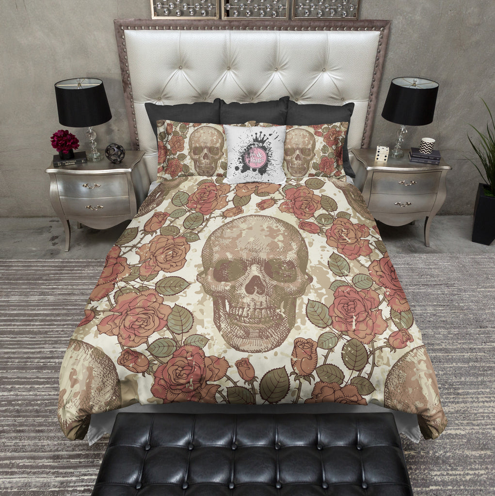 Vintage Feel Rose Skull CREAM Bedding Collection