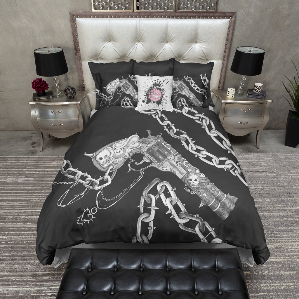 Hand Sketched Gun Chain and Skull Bedding Collection