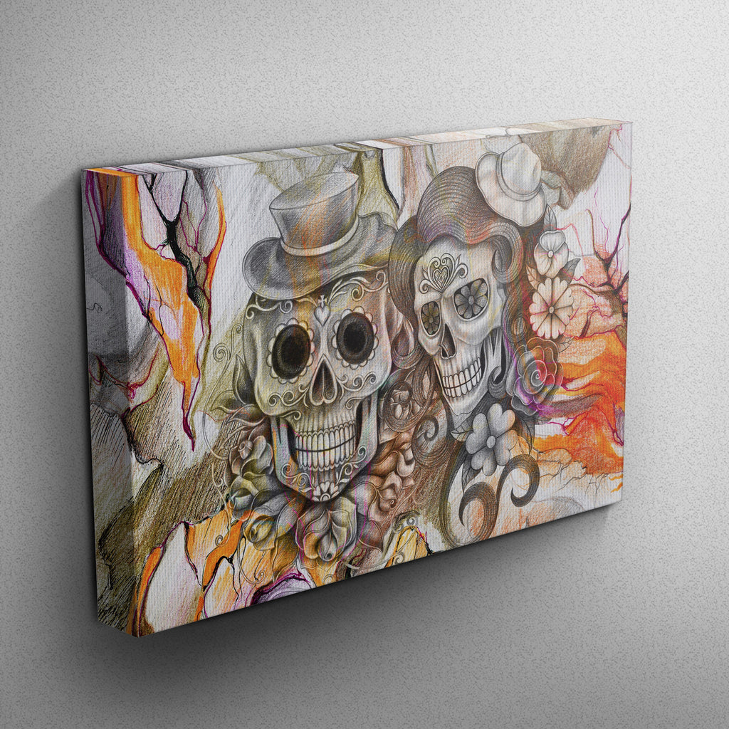 Orange Pencil Sketch Skull Couple Skull Gallery Wrapped Canvas