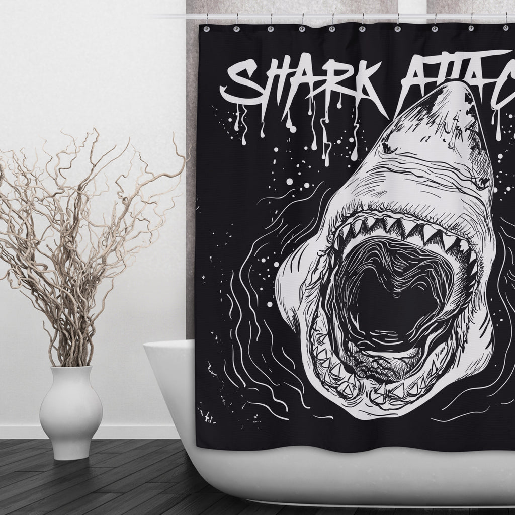 Black and White Shark Attack Shower Curtains and Optional Bath Mats