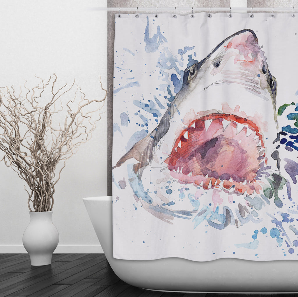 Watercolor Shark Shower Curtains and Optional Bath Mats