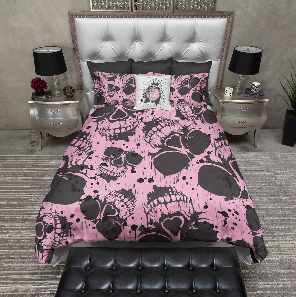 Pretty Pink and Slate Splatter Skull Bedding Collection
