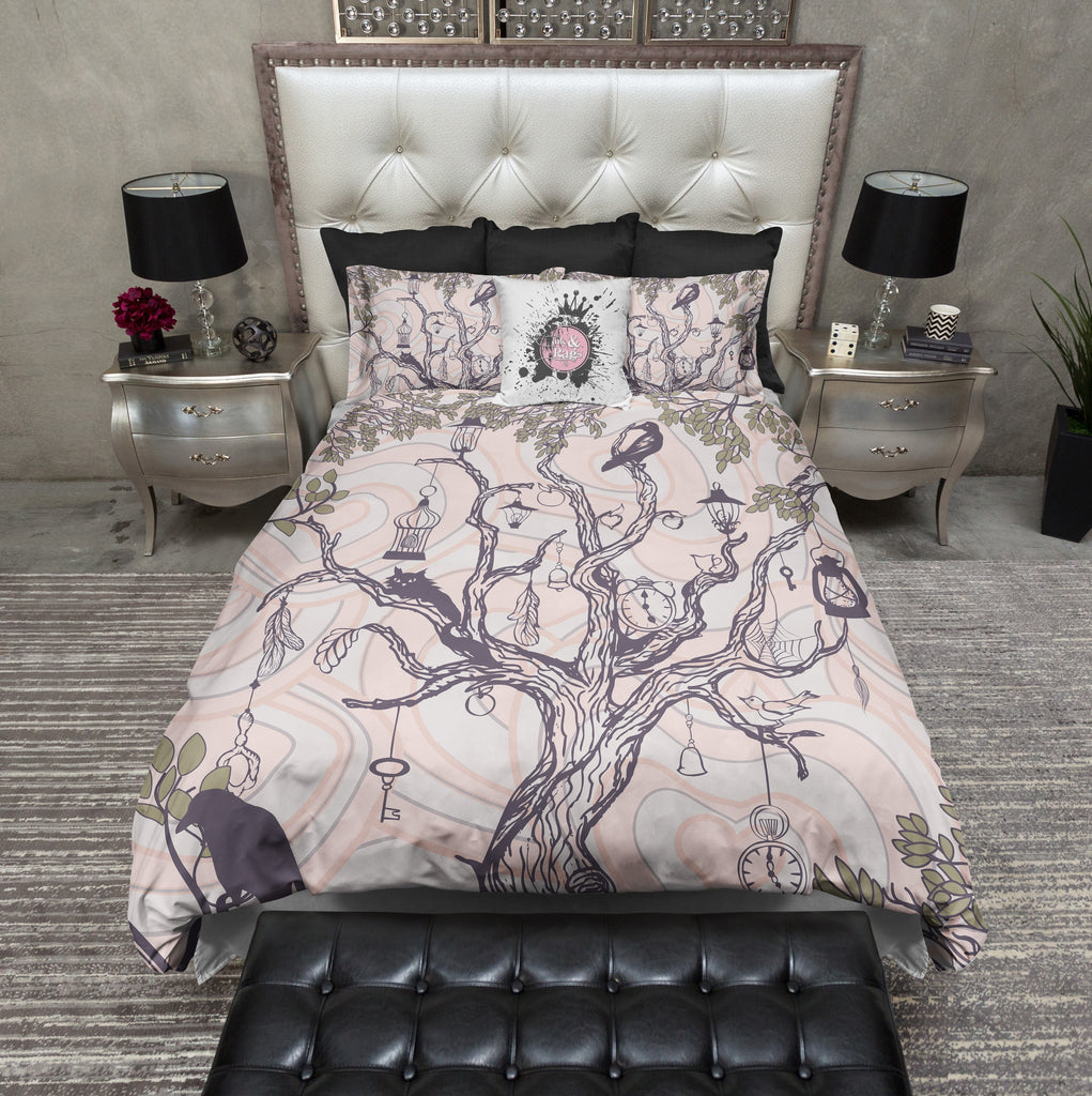Pretty and Creepy Tree with Crows, Clocks, Cats, and Cages Bedding Collection