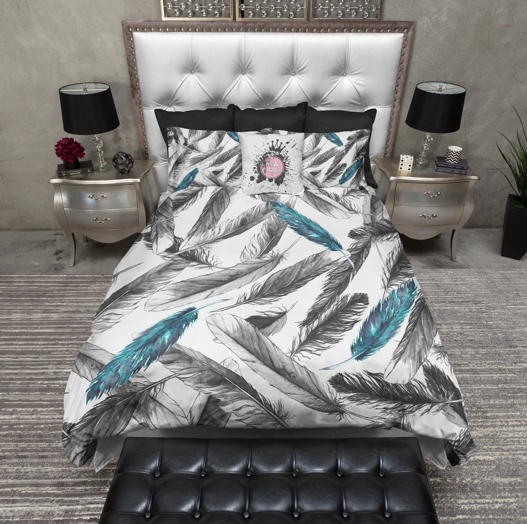 Boho Black and Teal Feather Bedding Collection