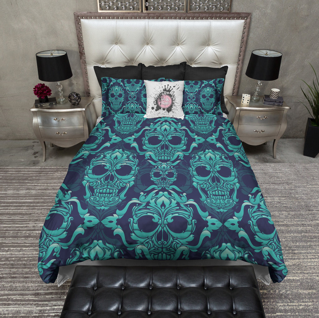 Blue and Teal Damask Skull Bedding Collection