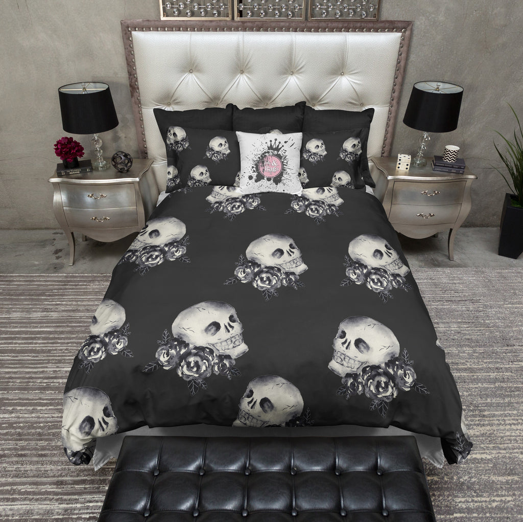 Black and Cream Watercolor Rose Skull CREAM Bedding Collection