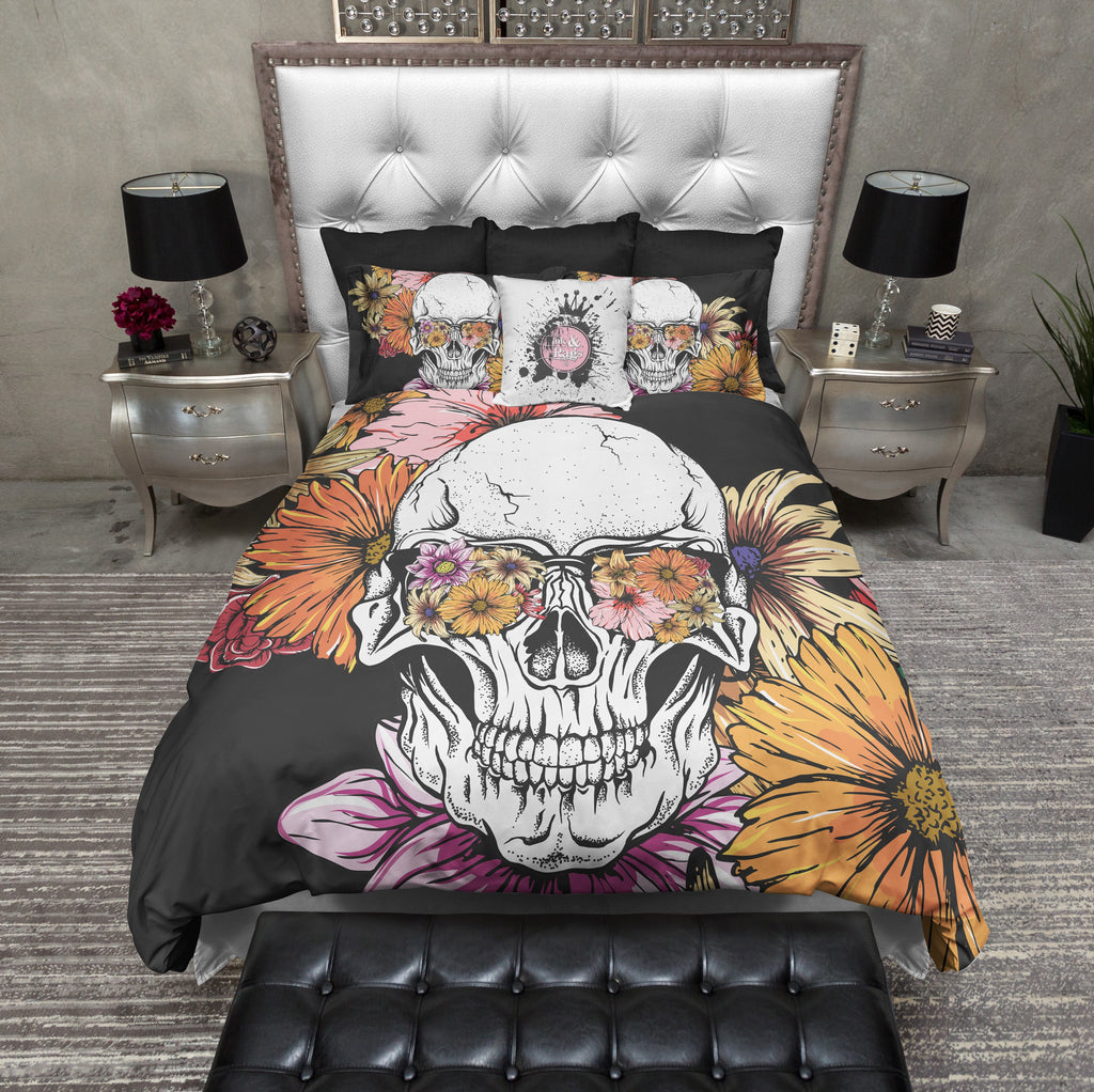 Daisies and Sunglasses Black Floral Skull Bedding Collection