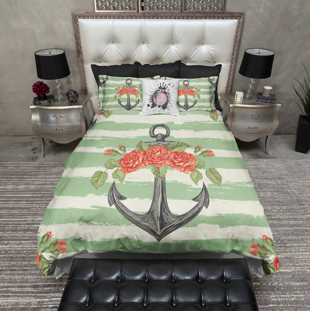 Seafoam Green Anchor and Orange Rose CREAM Bedding Collection