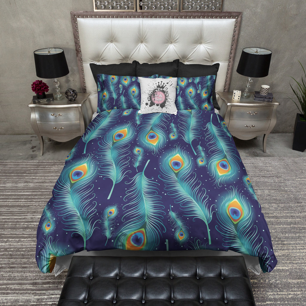 Blue and Teal Peacock Feather Bedding Collection
