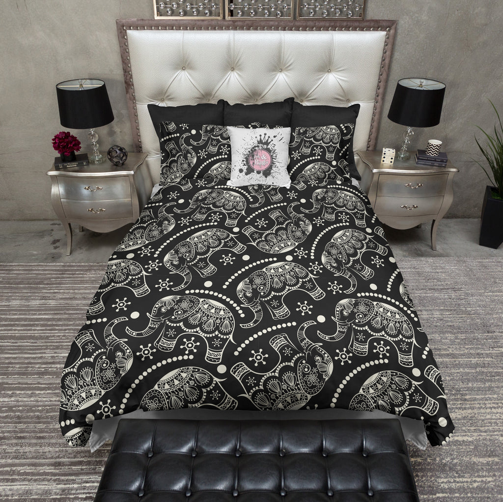BOHO Mehndi Style Black and Cream Elephant CREAM Bedding Collection