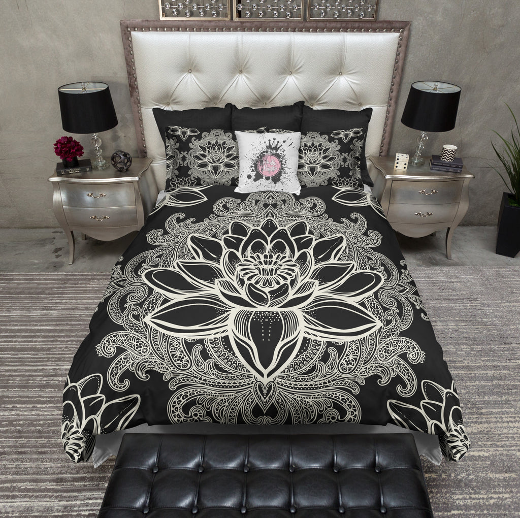 Boho Lotus Flower Black CREAM Bedding Collection