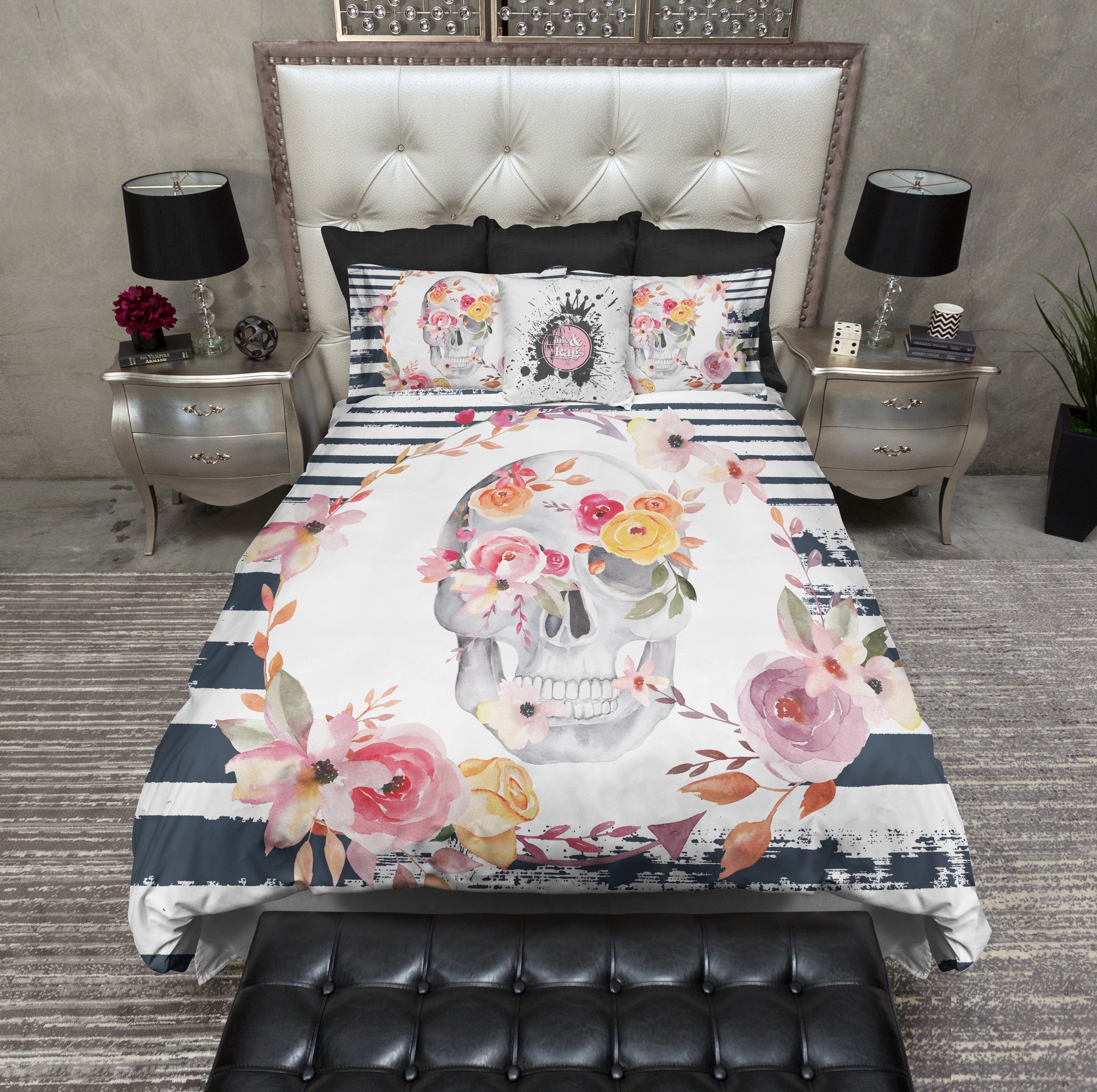 Spring Flower and Navy Stripe Skull Bedding Collection – Ink and Rags