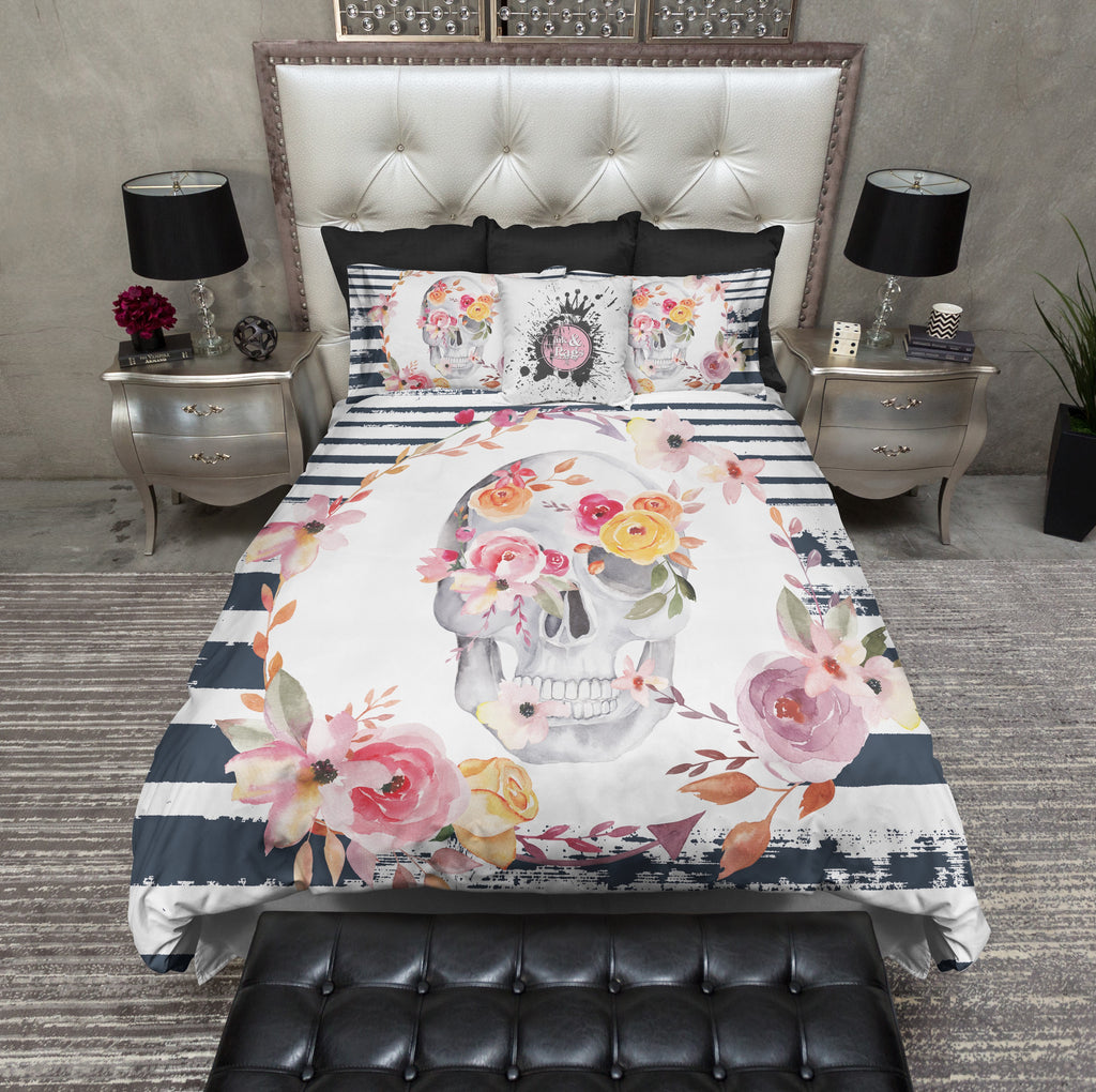 Spring Flower and Navy Stripe Skull Bedding Collection