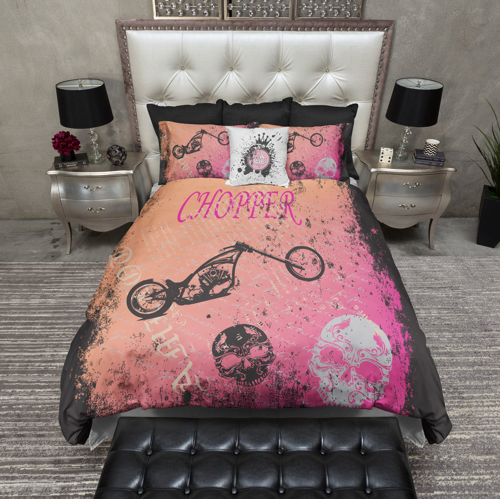 Pink Chopper Motorcycle Skull Bedding Collection