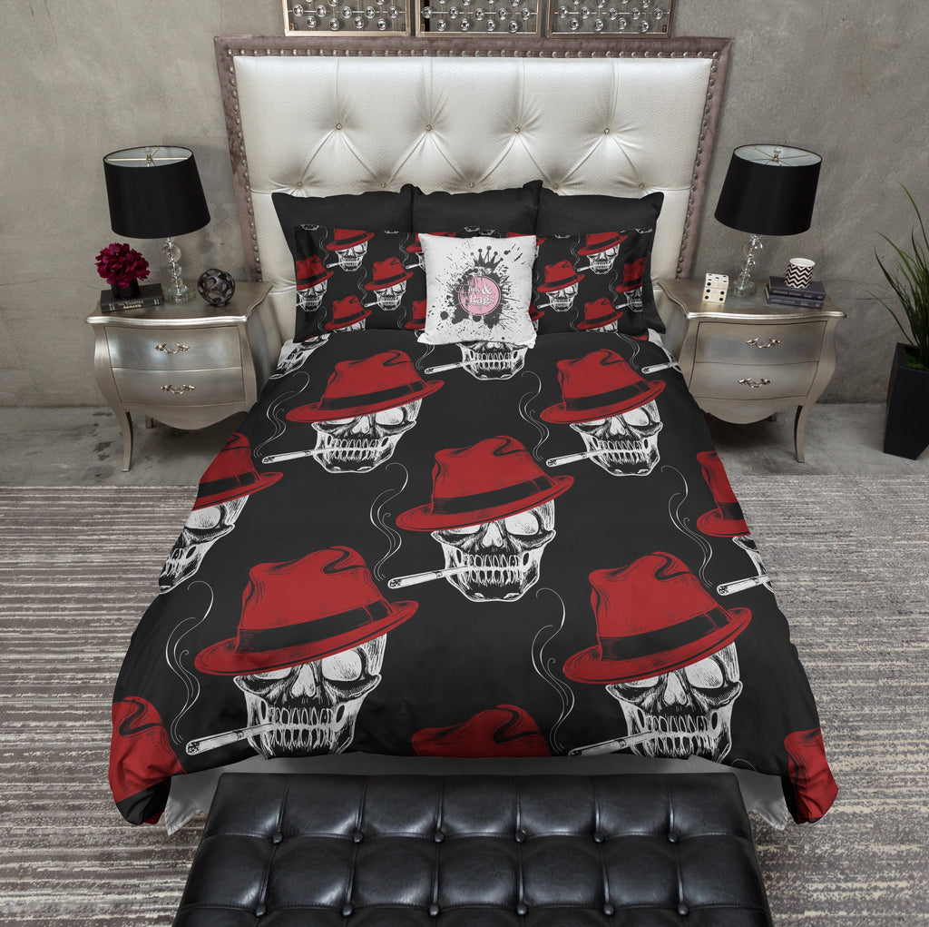 Smoking Gangster Red Fedora Skull Bedding Collection