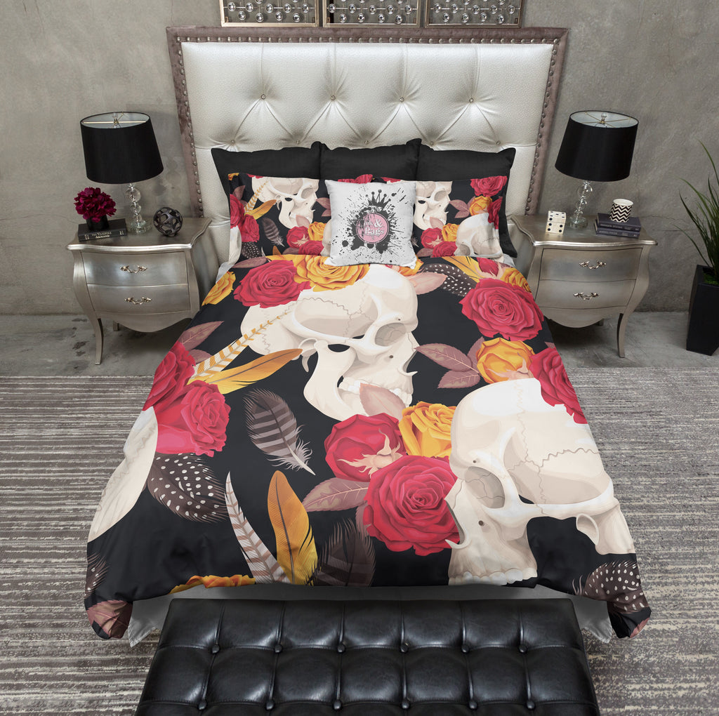 Red and Yellow Rose and Feather Skull Bedding Collection