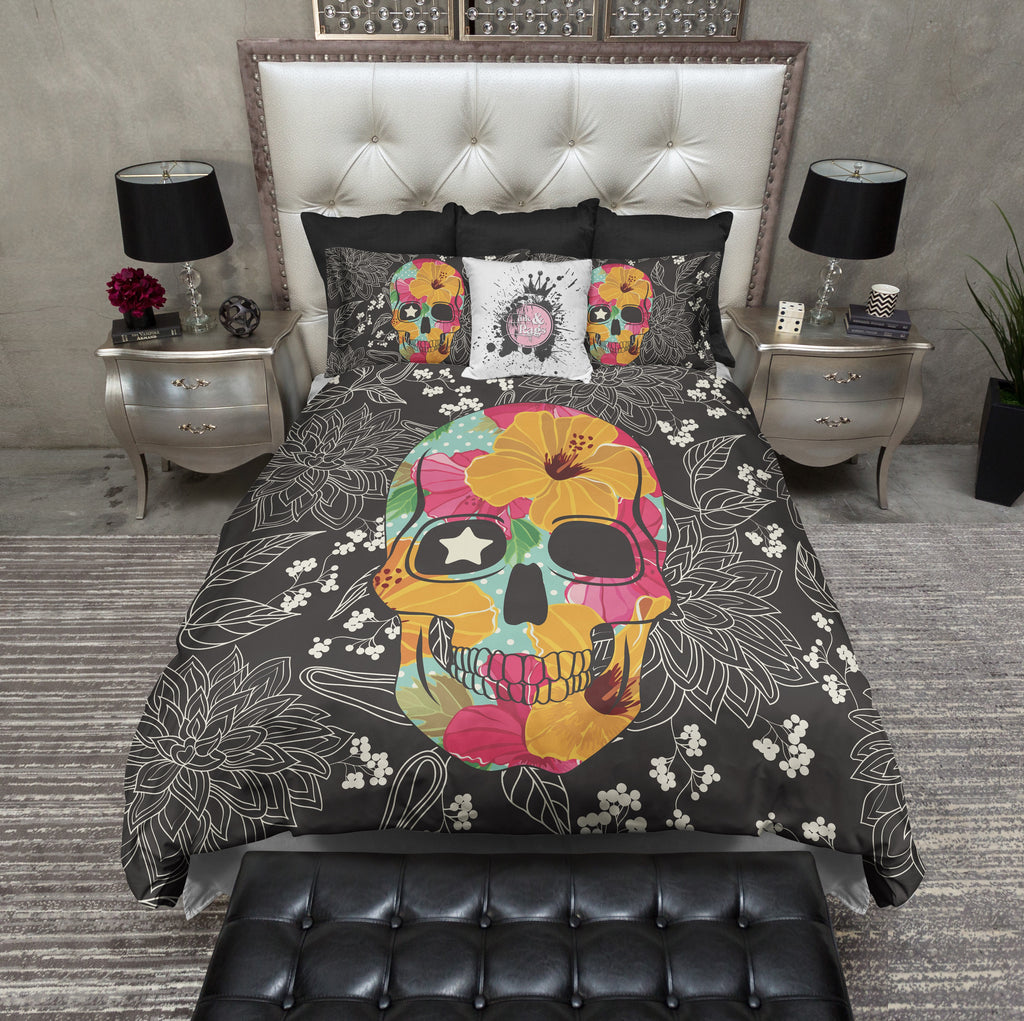 Bright Flower Skull CREAM Bedding Collection