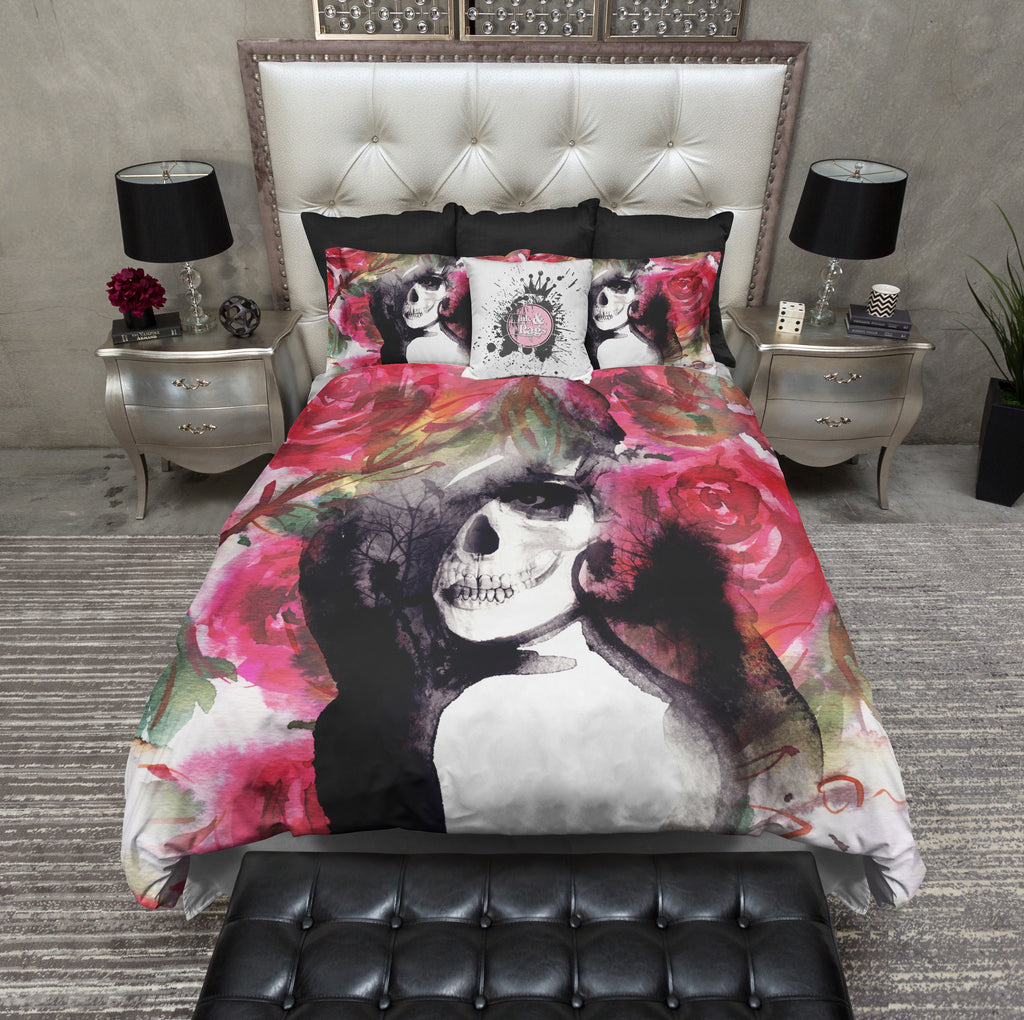 Watercolor Lady Red Rose Skull Bedding Collection