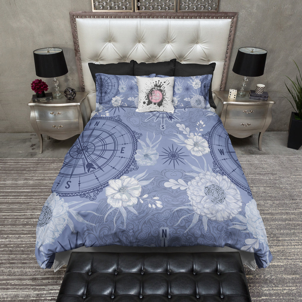 Blue Nautical Compass Floral Bedding Collection