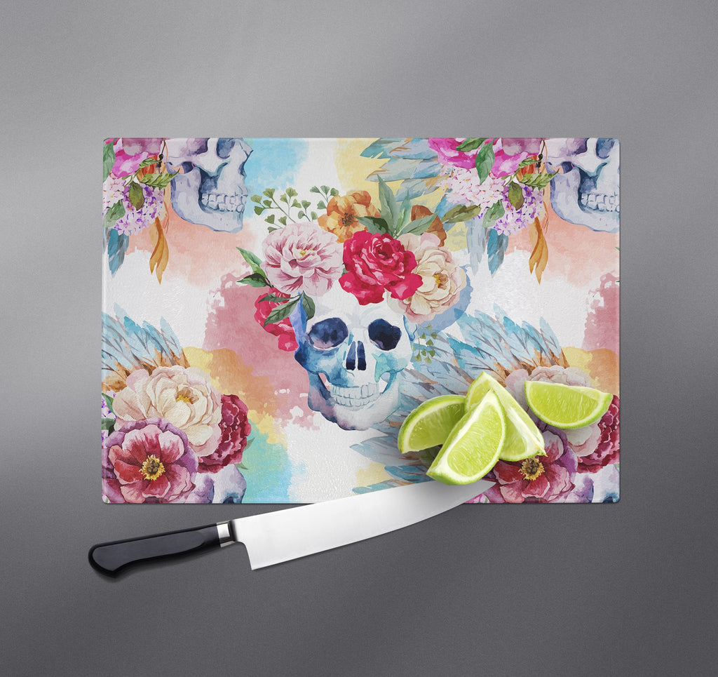 Bright Watercolor Flower and Skull Cutting Boards