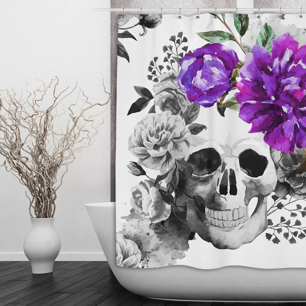 Purple Watercolor Flower and Skull Shower Curtains and Optional Bath Mats