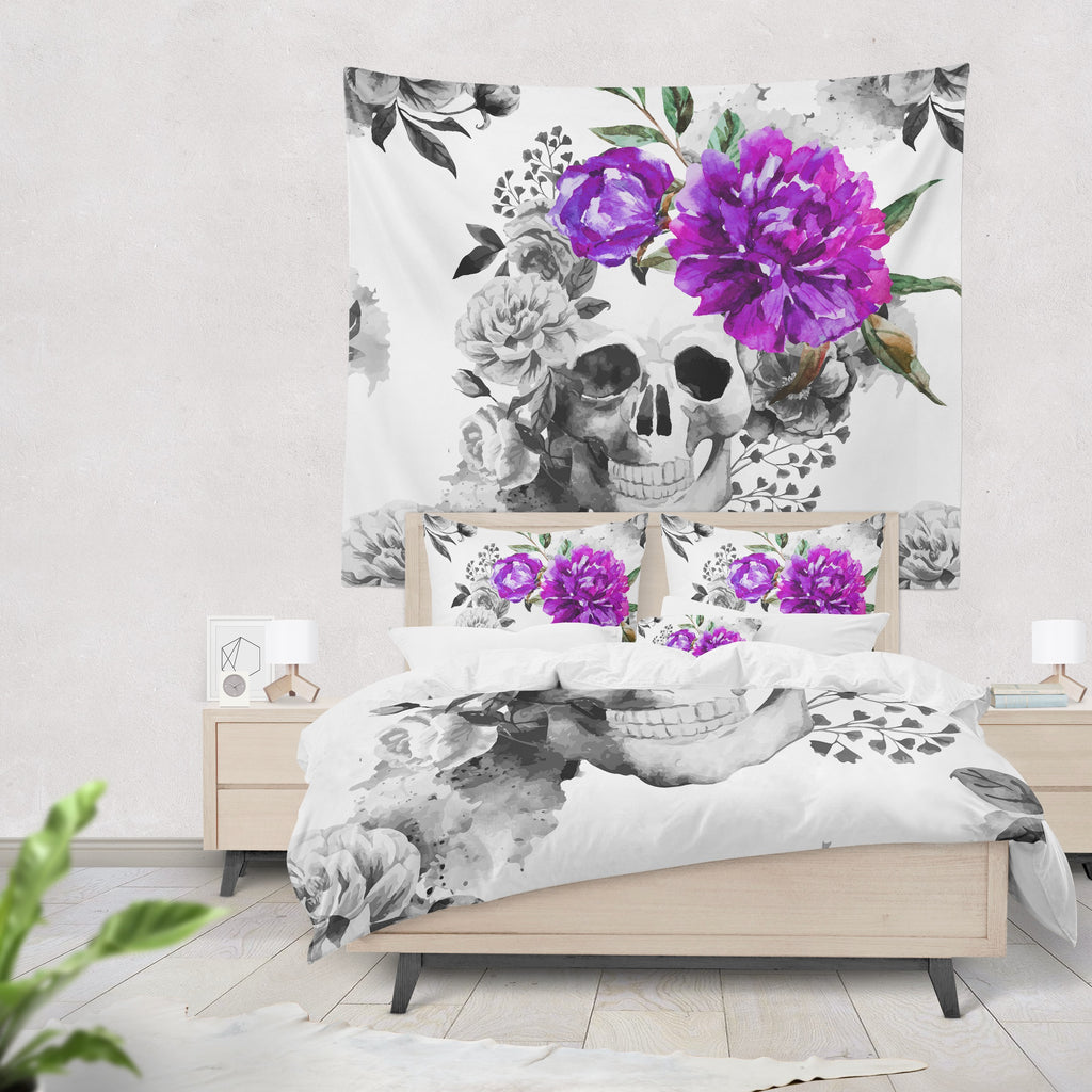 Purple Flower Watercolor Skull Wall Tapestry