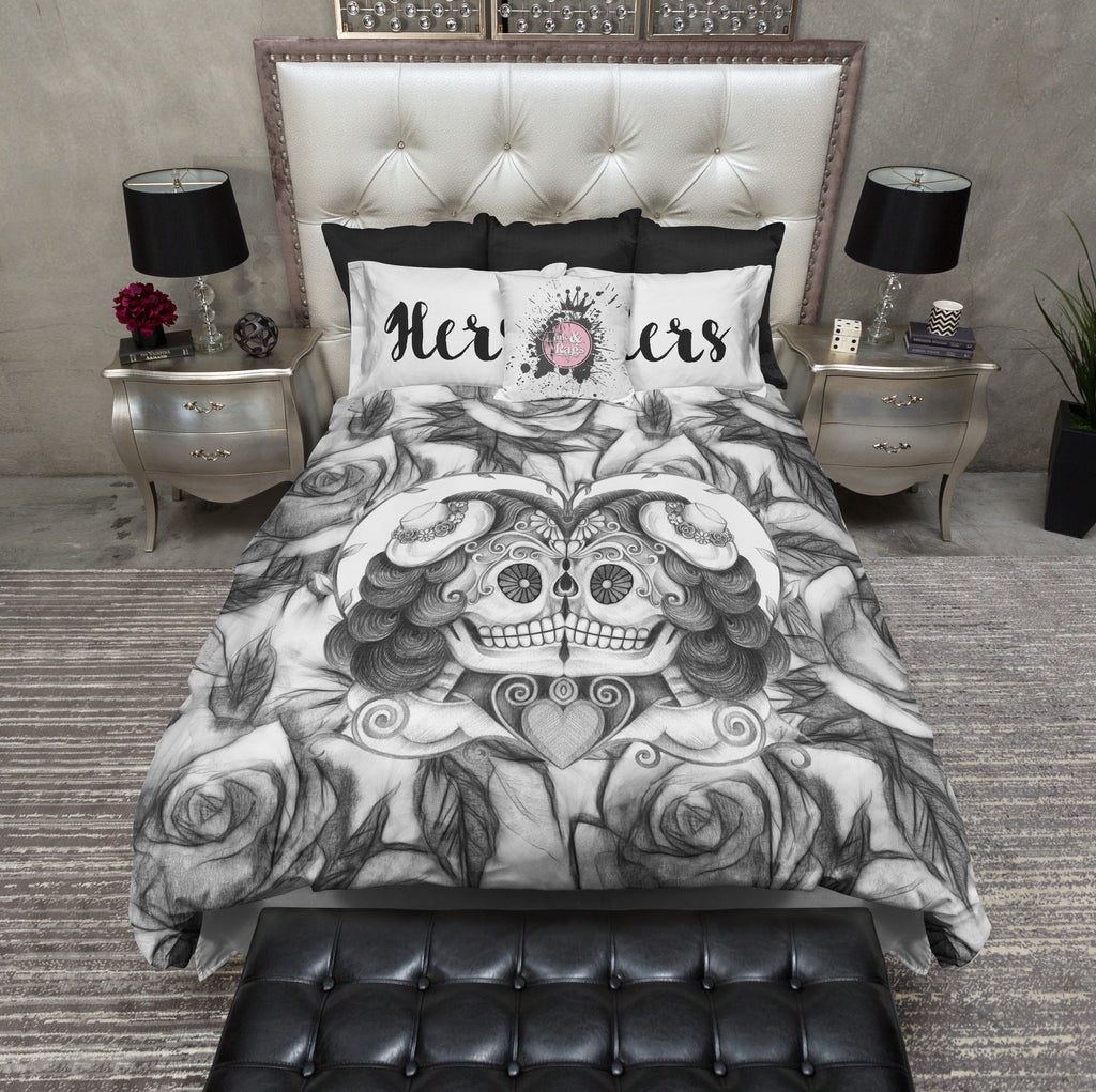 LGBTQ Sketch Rose Kissing HERS and HERS Sugar Skull Bedding Collection