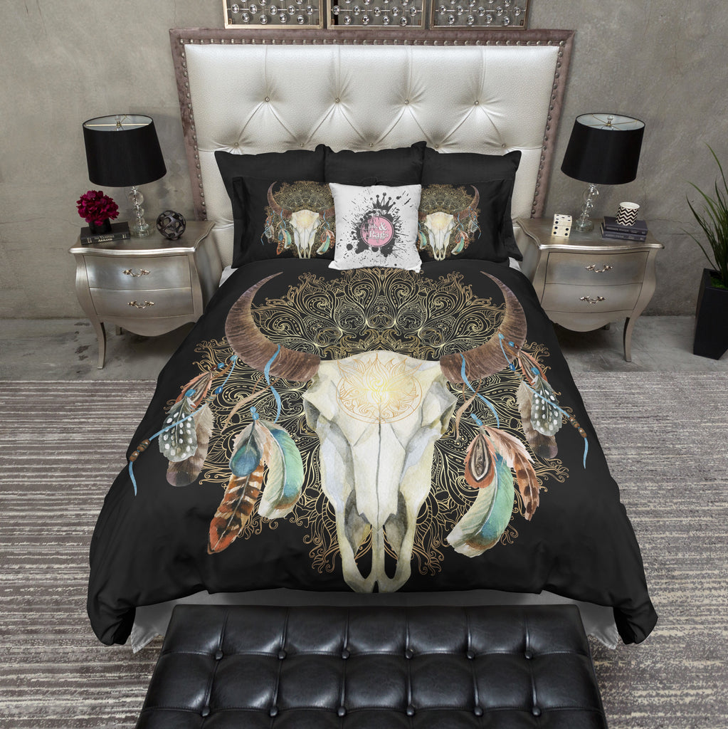 Fire Mandala on BLACK Boho Feather Buffalo Skull Bedding Collection