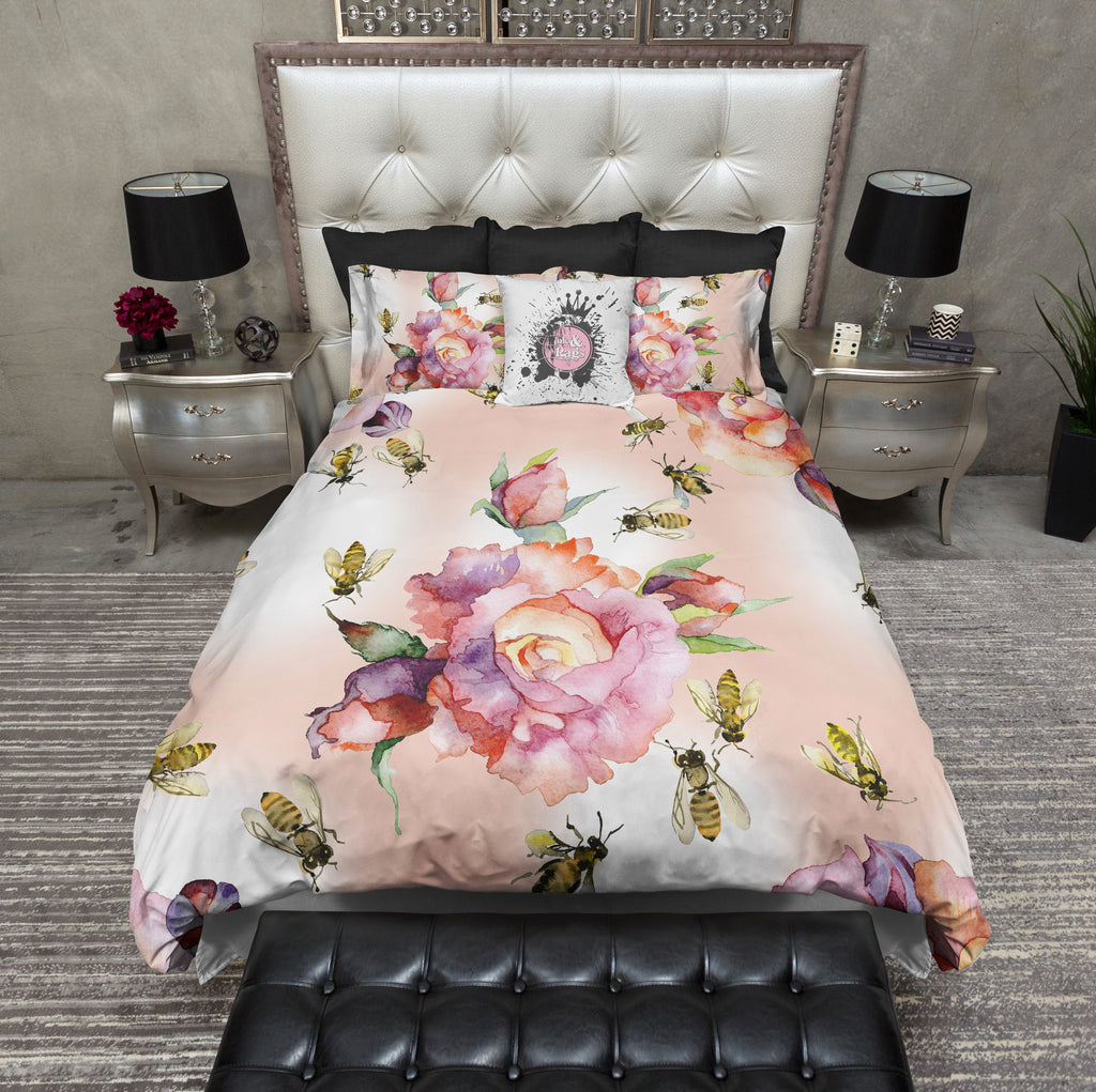 Honey Bee Watercolor Rose Peach Bedding Collection