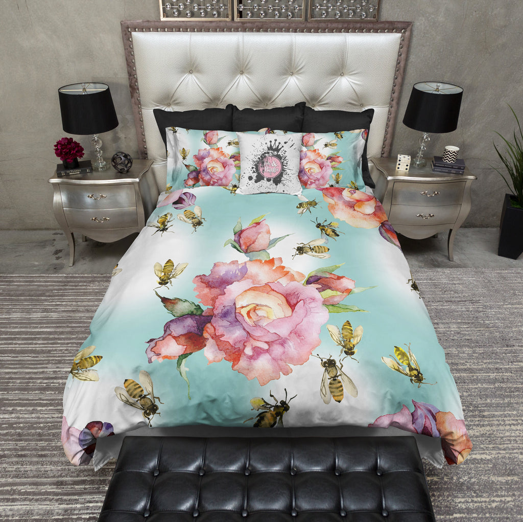 Honey Bee Watercolor Rose Teal Bedding Collection