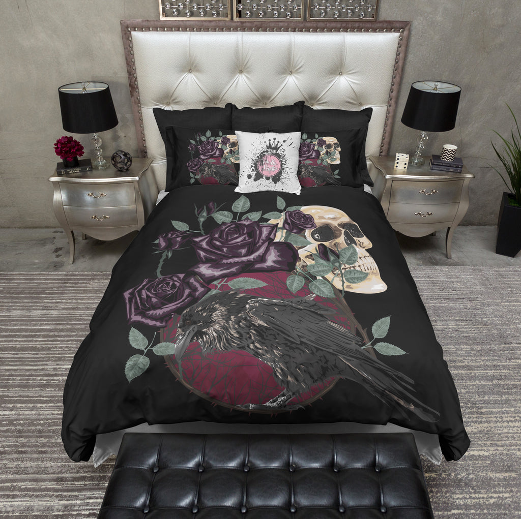 Red Moon Purple Rose Raven Skull Bedding Collection