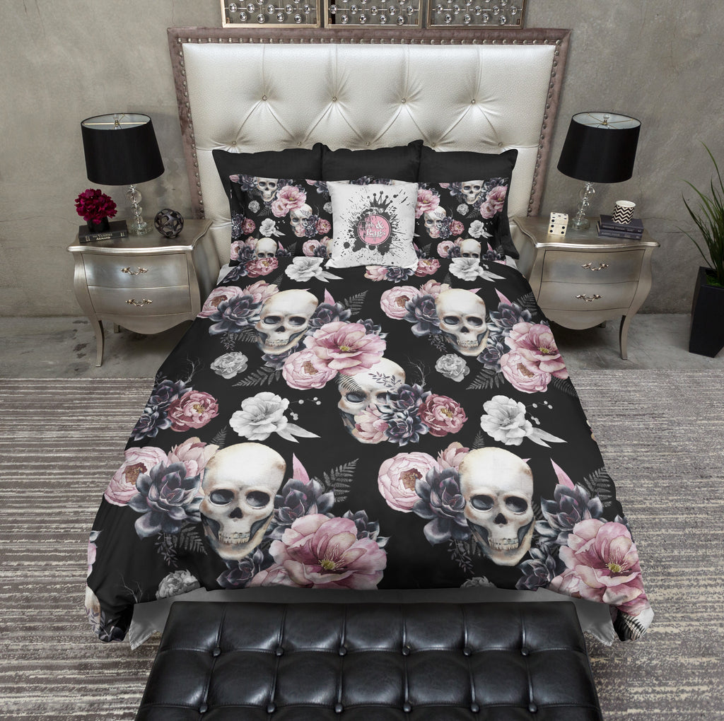 Succulent Rose on Black Skull Bedding Collection