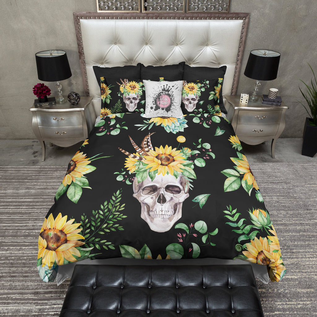 Sunflower and Human Skull on Black Bedding Collection