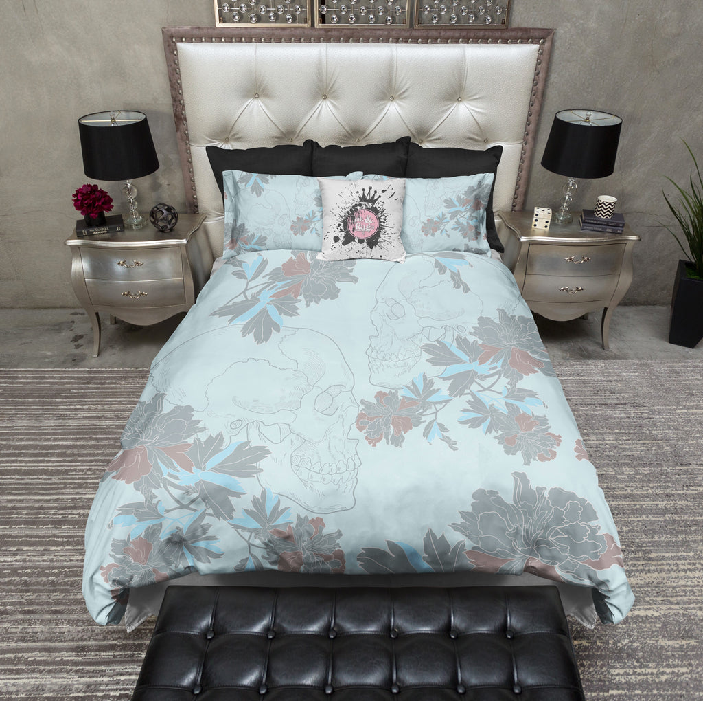 Powder Blue Flower and Skull Bedding Collection