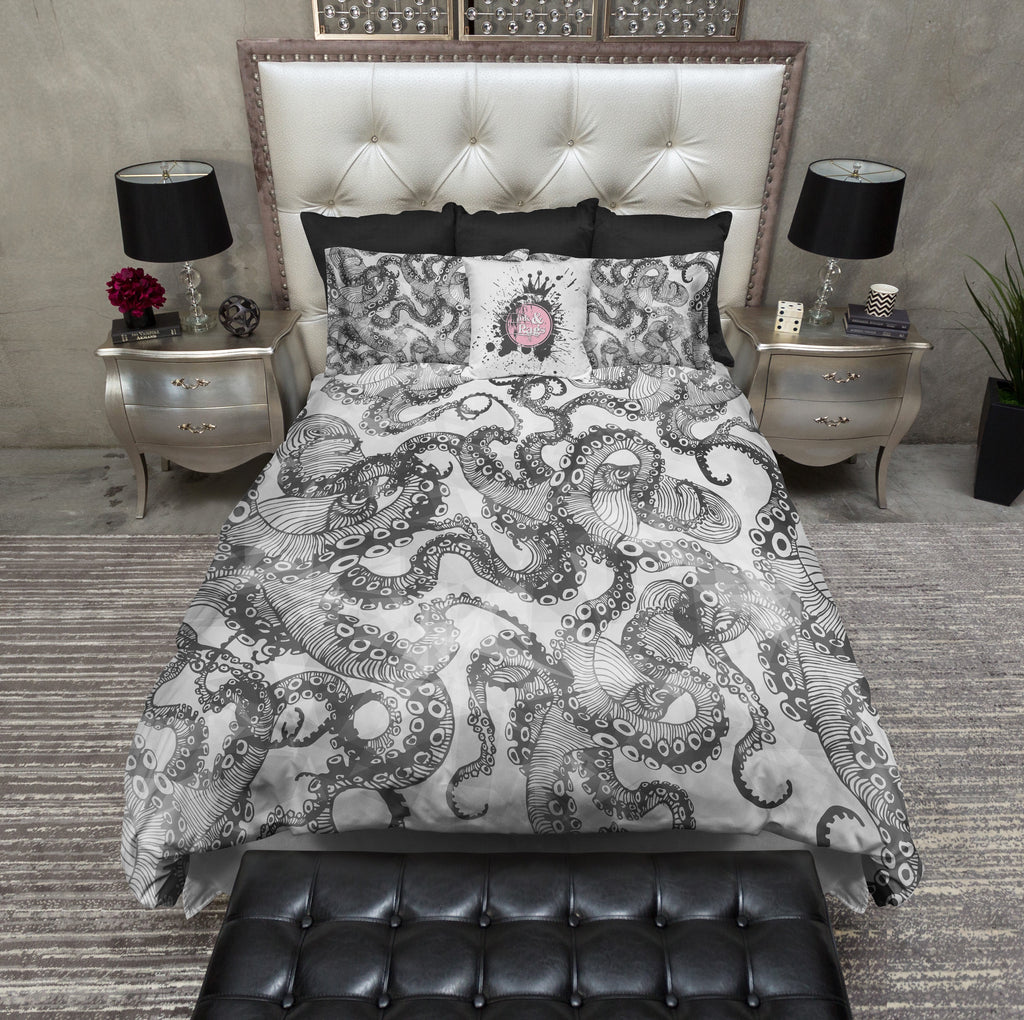 Light Black and White Watercolor Octopus Bedding Collection