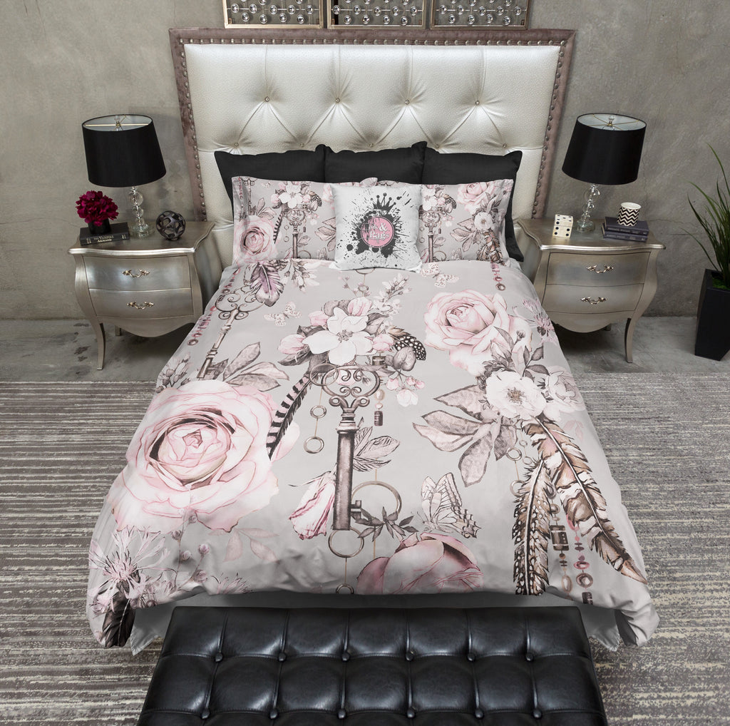 Bohemian Skeleton Key Feather and Flower Bedding Collection