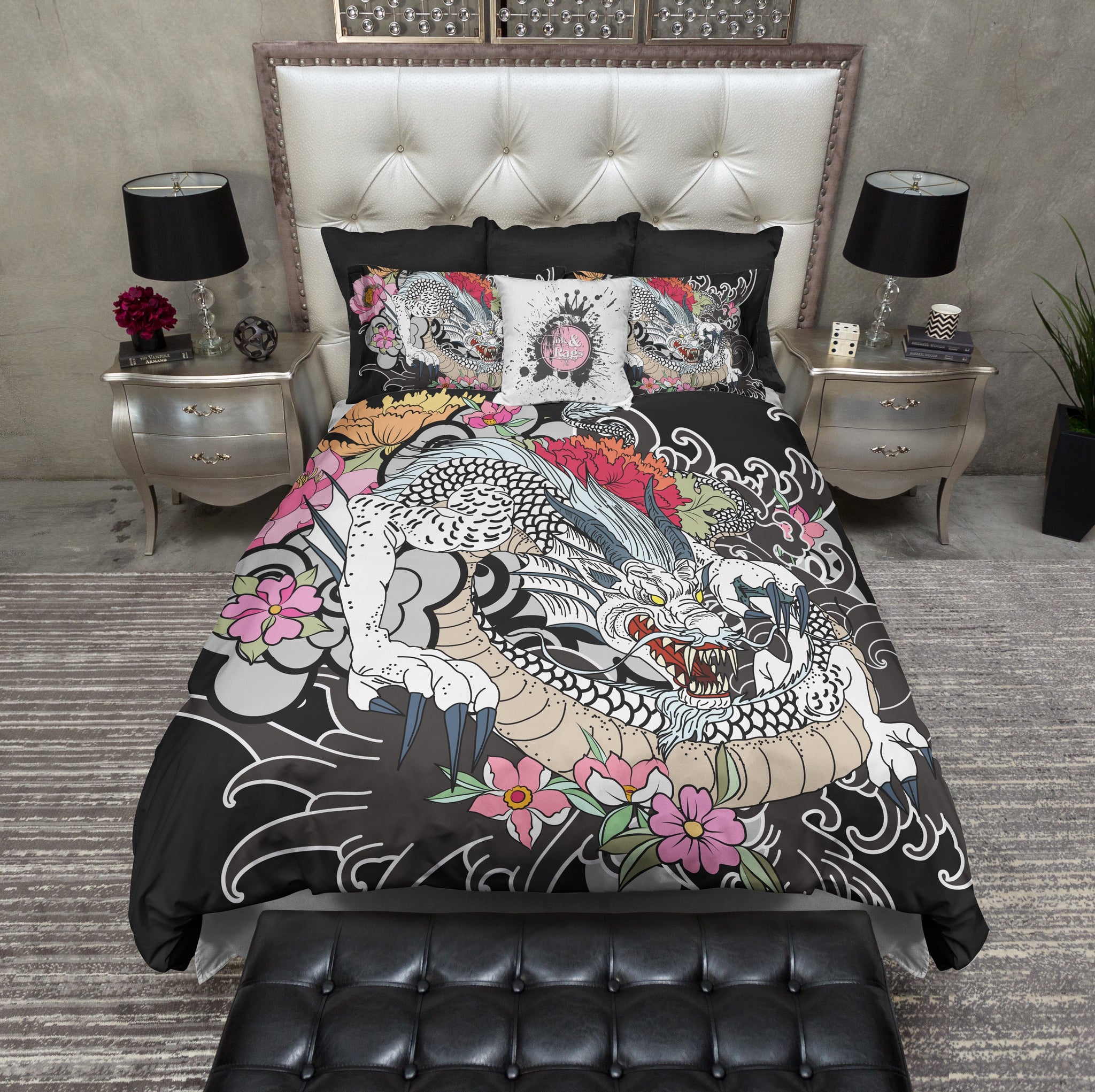 ABAKUHAUS Federe Cuscini Set 4 Pezzi - 50x50 Cm - Drago Giapponese Monocromatico - Stampa Front/Retro - Nero E Bianco