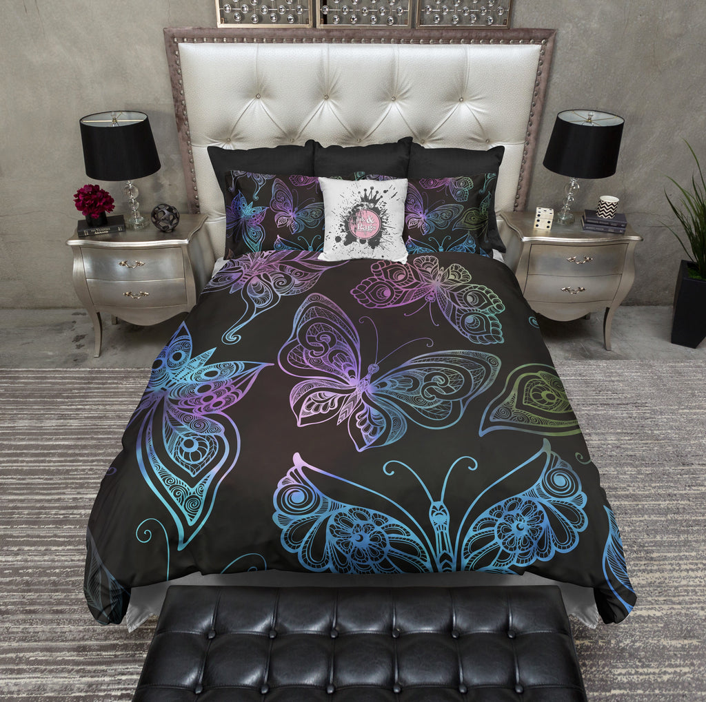 Tribal Rainbow Butterflies on Black Bedding Collection