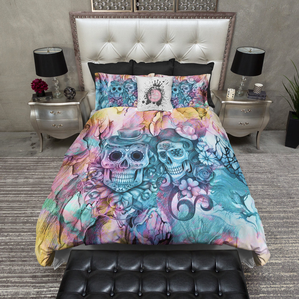 Teal and Purple Pencil Sketch Sugar Skull Couple Bedding Collection