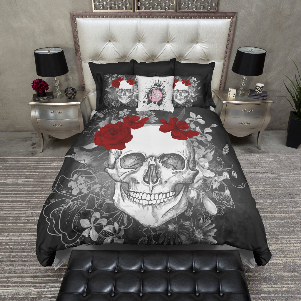 Black Concrete and Red Rose Skull Bedding Collection