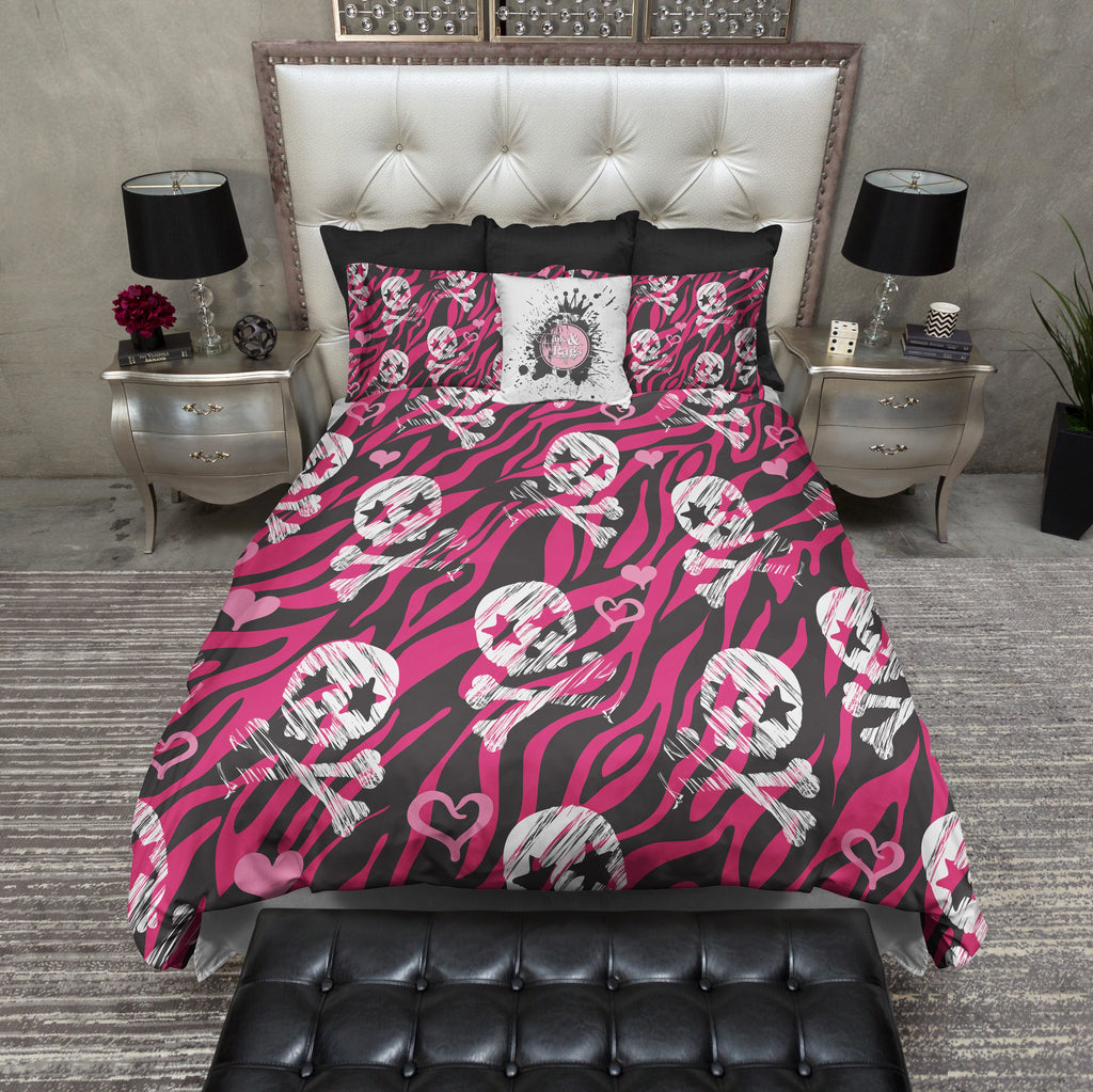 Hot Pink Zebra and Rock Star Skull Bedding Collection