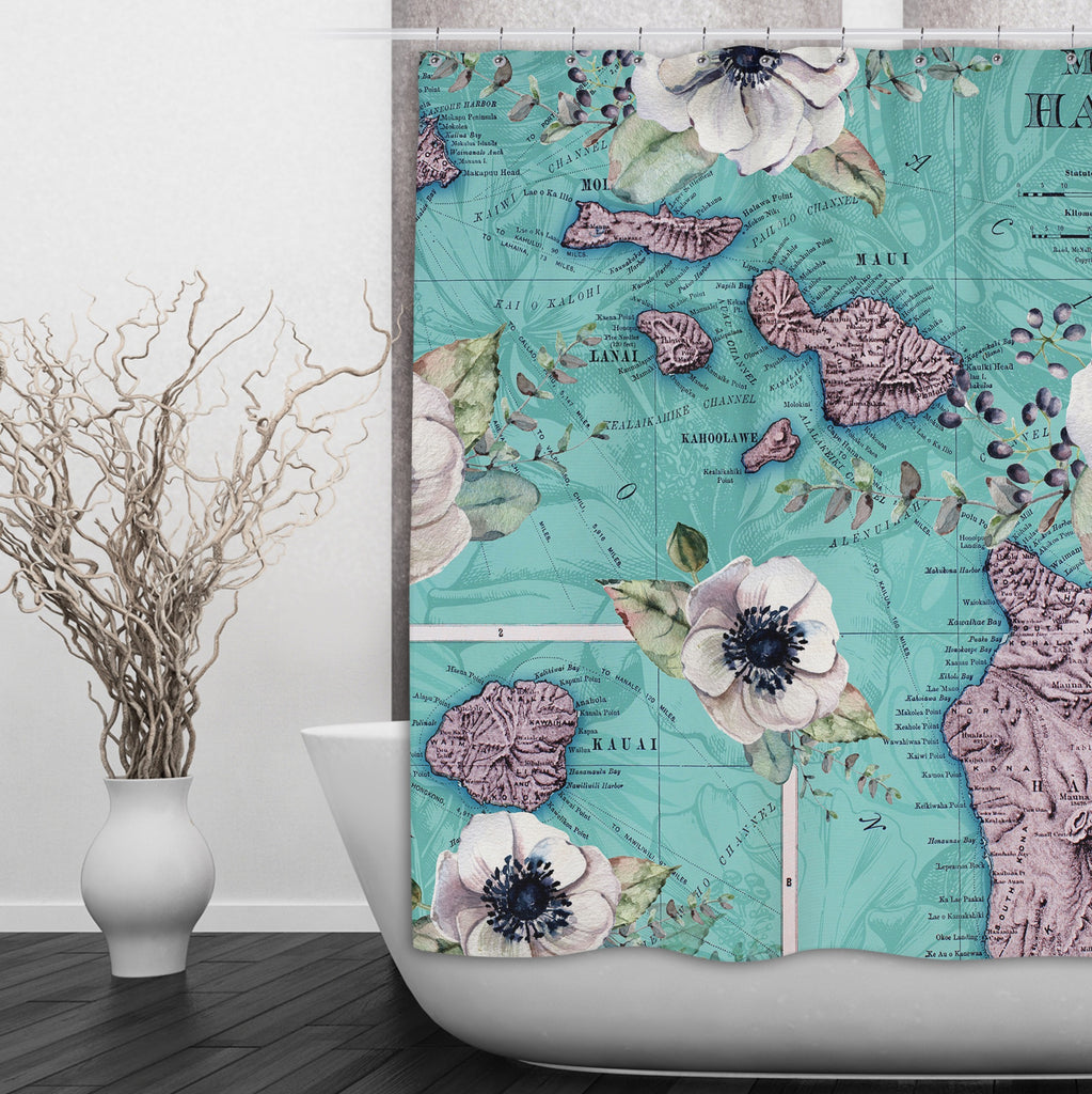 Vintage Hawaiian Islands Map Floral  Shower Curtains and Optional Bath Mats