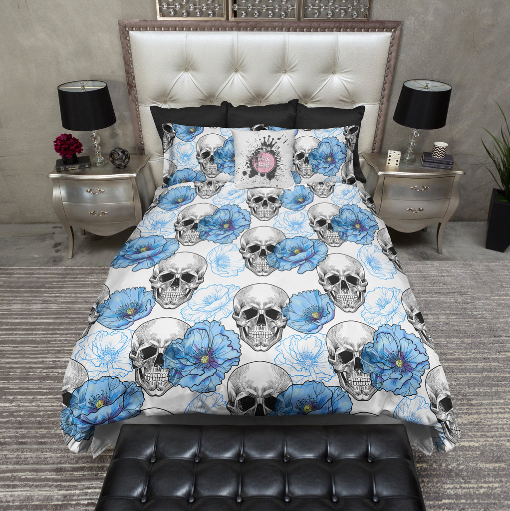 Blue Poppy on White Skull Bedding Collection