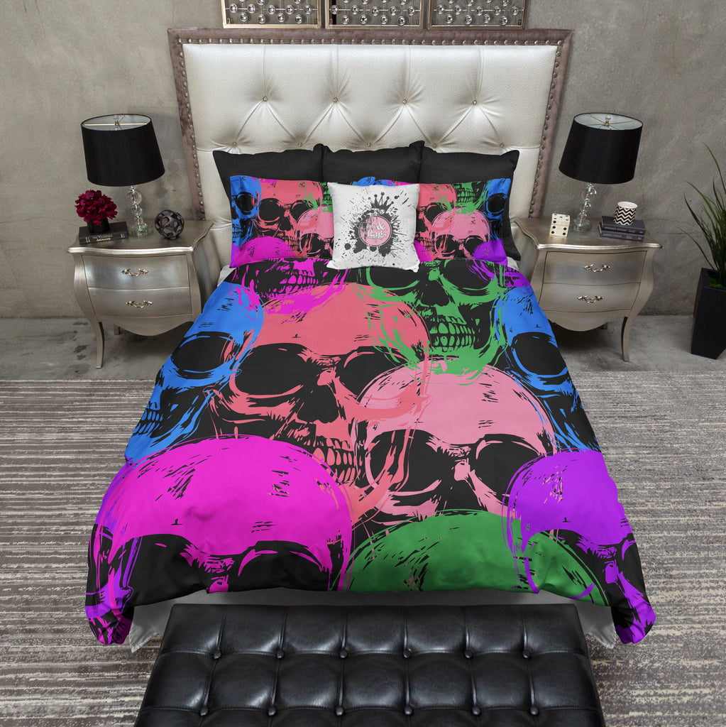 Colorful Skulls on Black Bedding Collection
