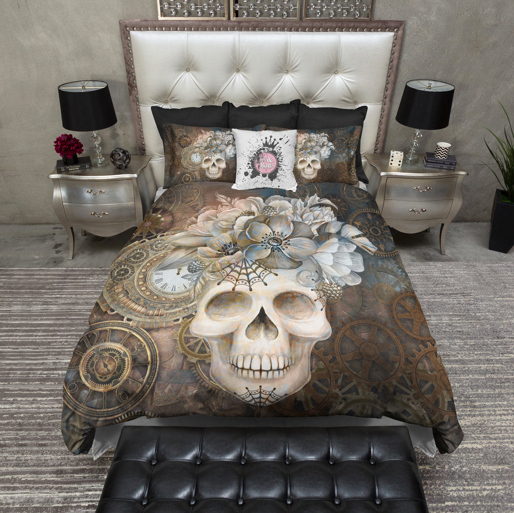 Steampunk Clock and Floral Skull Bedding Collection