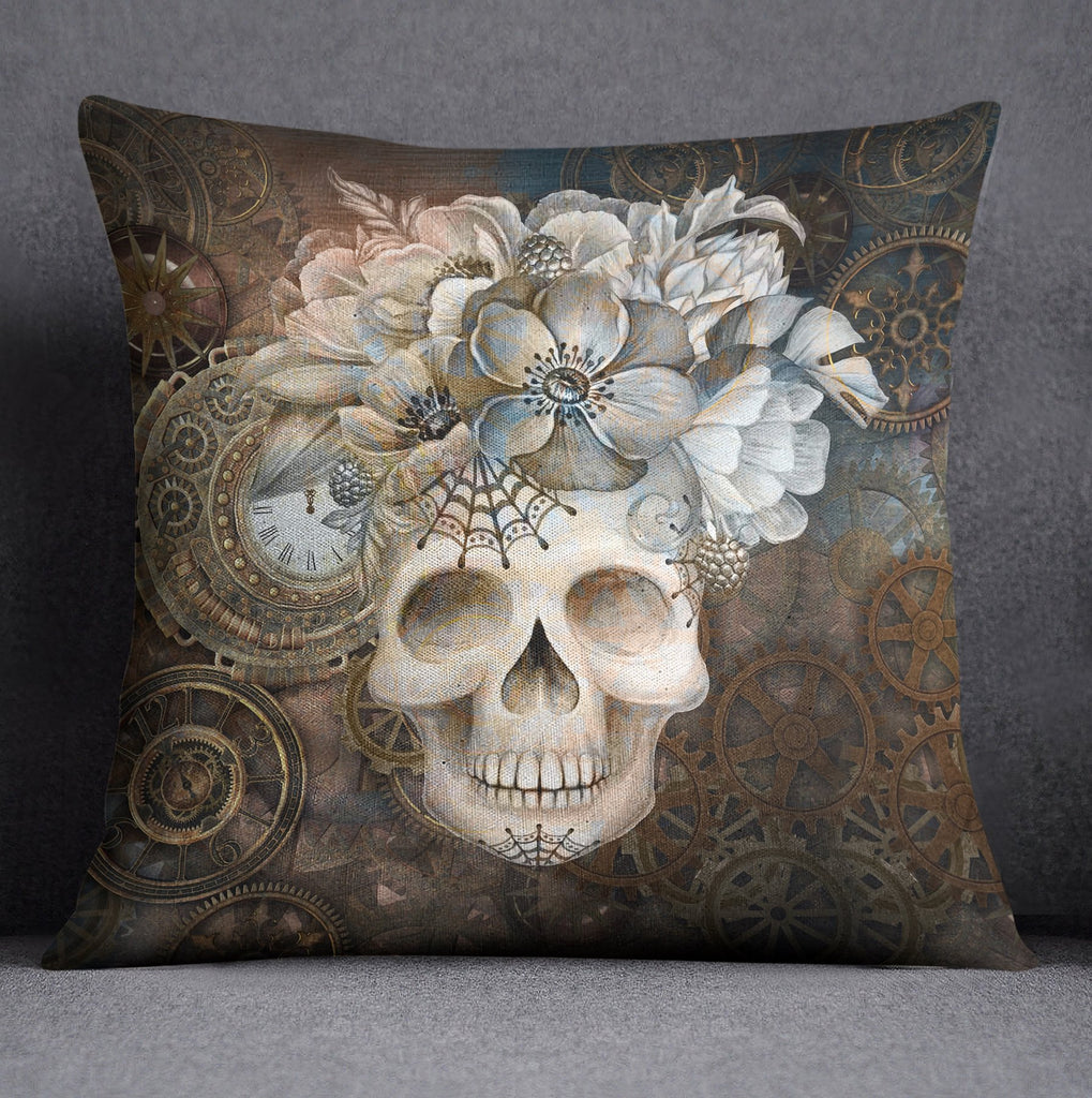Steampunk Clock and Floral Skull Throw Pillow