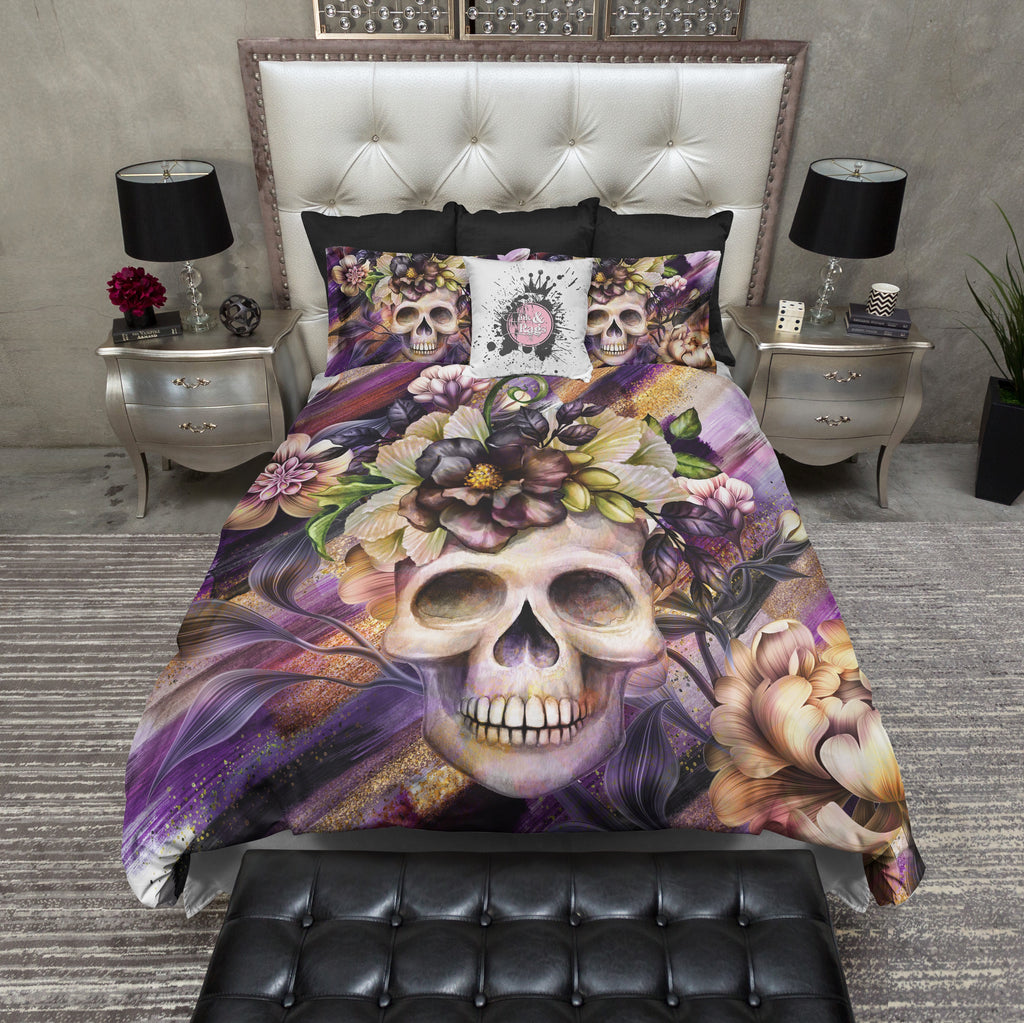 Plum and Gold Floral Skull Bedding Collection