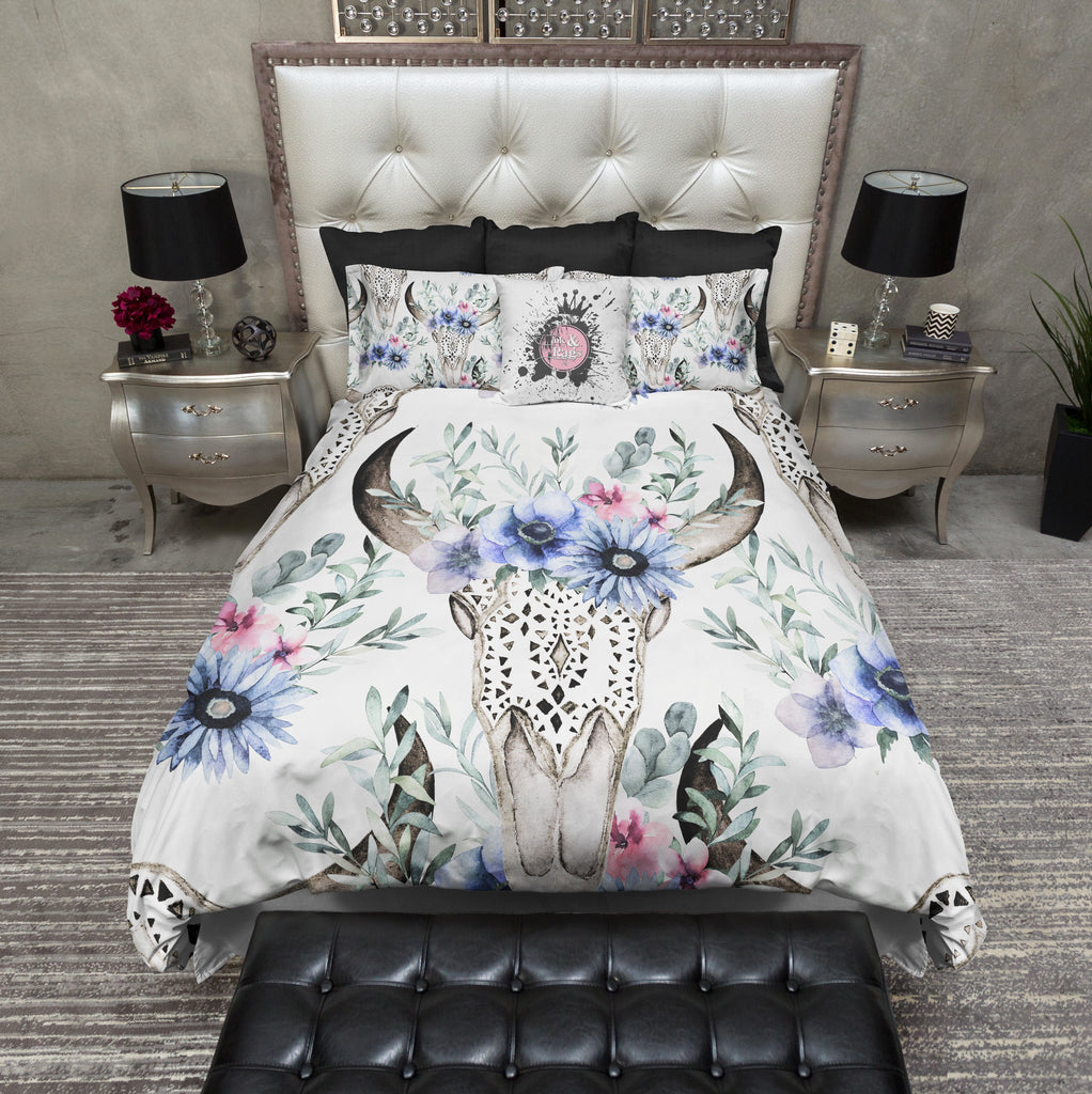 Watercolor Flowers and Lace Bull Skull Bedding Collection