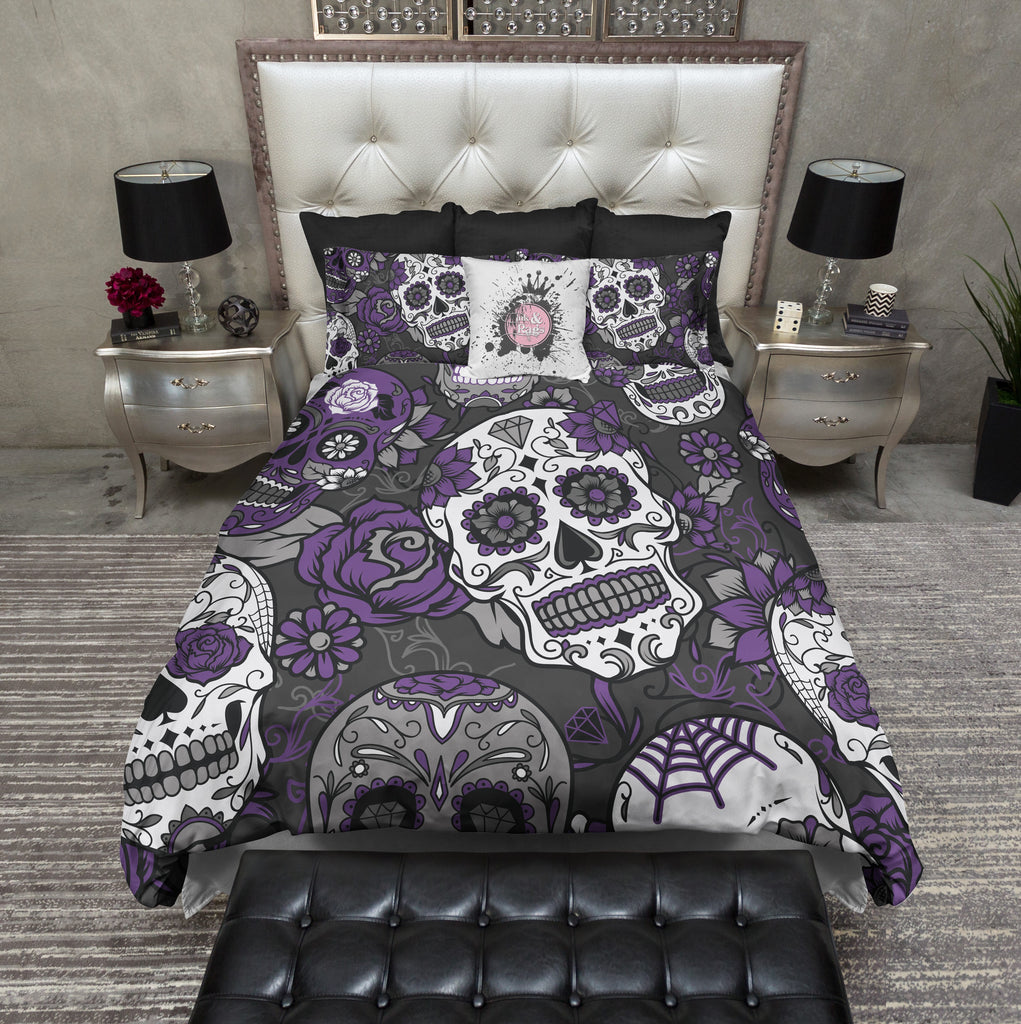 Purple and Grey Sugar Skull and Rose Bedding Collection